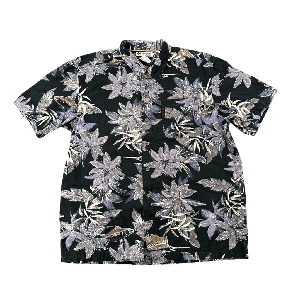 Columbia Short Sleeve Shirt Mens Medium Relaxed Black All Over Floral Fish Print